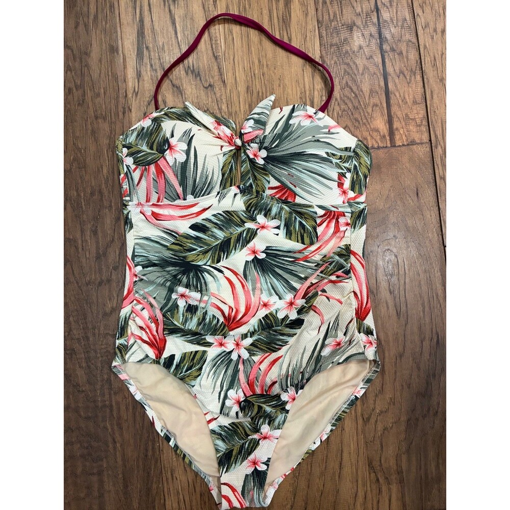Kona Sol Women's One-Piece Pique Bandeau Swimsuit. tropical floral print